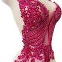 Handmade Rhinestone Applique Sewing Beads Stones Trim Patches for Skirt Accessories 15X22.4inches (Rose red)