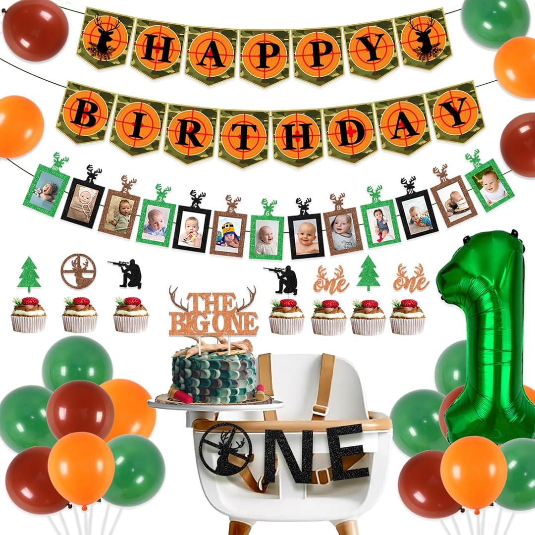 Hunting Birthday Decorations for Boys - Hunting Theme Party Happy Birthday Banner Hunting Theme Glitter Photo Banner One High Chair Banner Cake Topper for Hunting 1st Birthday Decorations for Boys