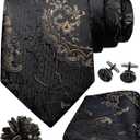 GUSLESON 8cm Paisley Tie Set for Men Necktie Lapel Pin Pocket Square Cufflinks Set for Men (Black)