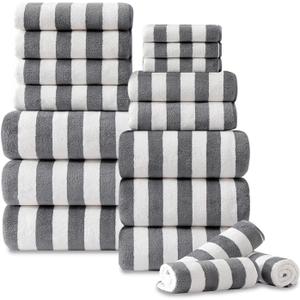Oliven 18 Pcs Gray Cabana Stripe Family Towels Set-6 Bath Sheets, 6 Hand Towels, 6 Washcloths Soft Jumbo Bathroom Towels Absorbent Shower Towel Quick Dry Beach Chair Towel Spa Gym Hotel Towel Set
