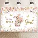 MEHOFOND 7x5ft Bunny Girl Baby Shower Backdrop Oh Baby It's A Girl Pink and Gold Baby Shower Decoration Cute Bunny Photography Background Floral Butterfly Watercolor Photo Studio Props