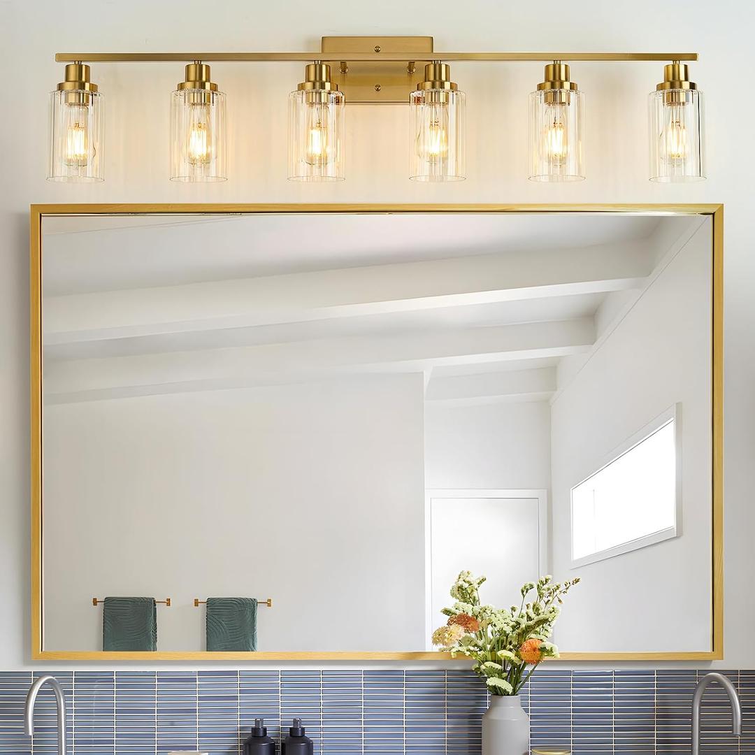 Jonsi Brushed Gold Bathroom Light Fixtures, 6-Light Brushed Gold Vanity Light, Bathroom Vanity Light with Stripe Glass Shade, E26 Wall Sconces Over Mirror for Bathroom, Living Room, Hallway