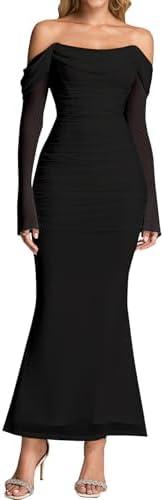 KUTUMAI Off Shoulder Long Sleeve Maxi Dress Corset Bodycon Ruched Cocktail Formal Wedding Guest Dresses for Women Fall M