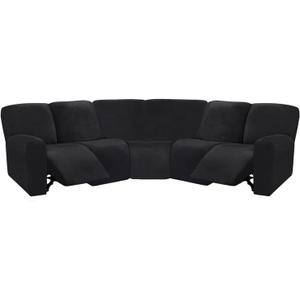 ULTICOR 7-Piece L Shape Sectional Recliner Sofa Covers, Velvet Stretch Reclining Couch Covers for Sofa, Thick, Soft, Washable (Black, 5 Seat Cover)