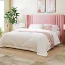 Allewie Full Size Velvet Platform Bed Frame with Vertical Tufted Wingback Headboard, Easy Assembly, Under Bed Storage, No Box Spring Required, Modern Style, Pink