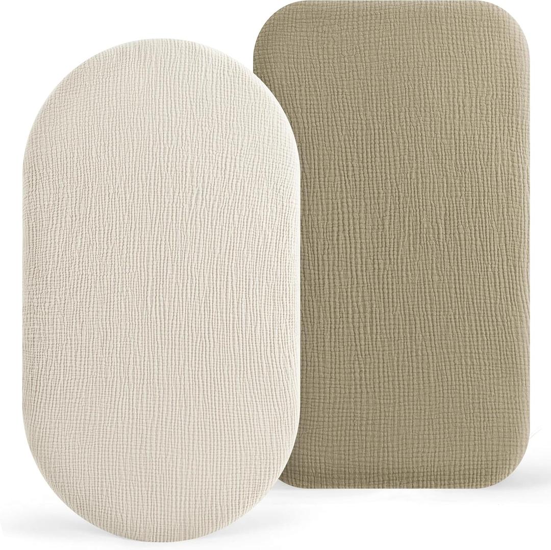 Bearmoss Bassinet Sheets - 2 Pack Muslin Cotton Bassinet Sheets Fits Oval and Rectangle Bassinet Mattress, Breathable and Skin-Friendly for Baby Boy and Girl (Cream&Olive Green)