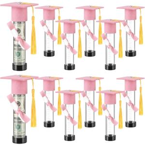 Qunclay 12 Pack Graduation Candy Tubes Class of 2026 Pink Graduation Cash Gift Plastic Grad Cap Jars Candy Container with Tassels and Diploma for Grad Table Decor Party Favors