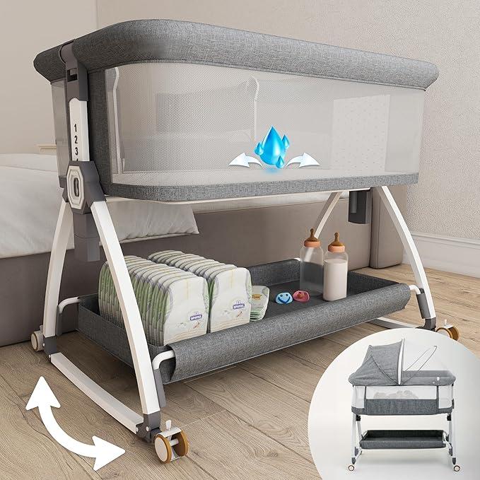 Earth&ME Baby Bassinet Bedside Sleeper with Rocking - All Mesh Portable Bedside Crib for Safe Co-Sleeping, Storage Basket and Wheels, Adjustable Height, Includes Travel Bag, Mosquito Net (White)