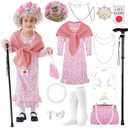 VillbeCoser 100 Days of School Old Lady Costume Set Grandma Dress Up Cosplay Accessories for Girls 13PCS PinkRose M
