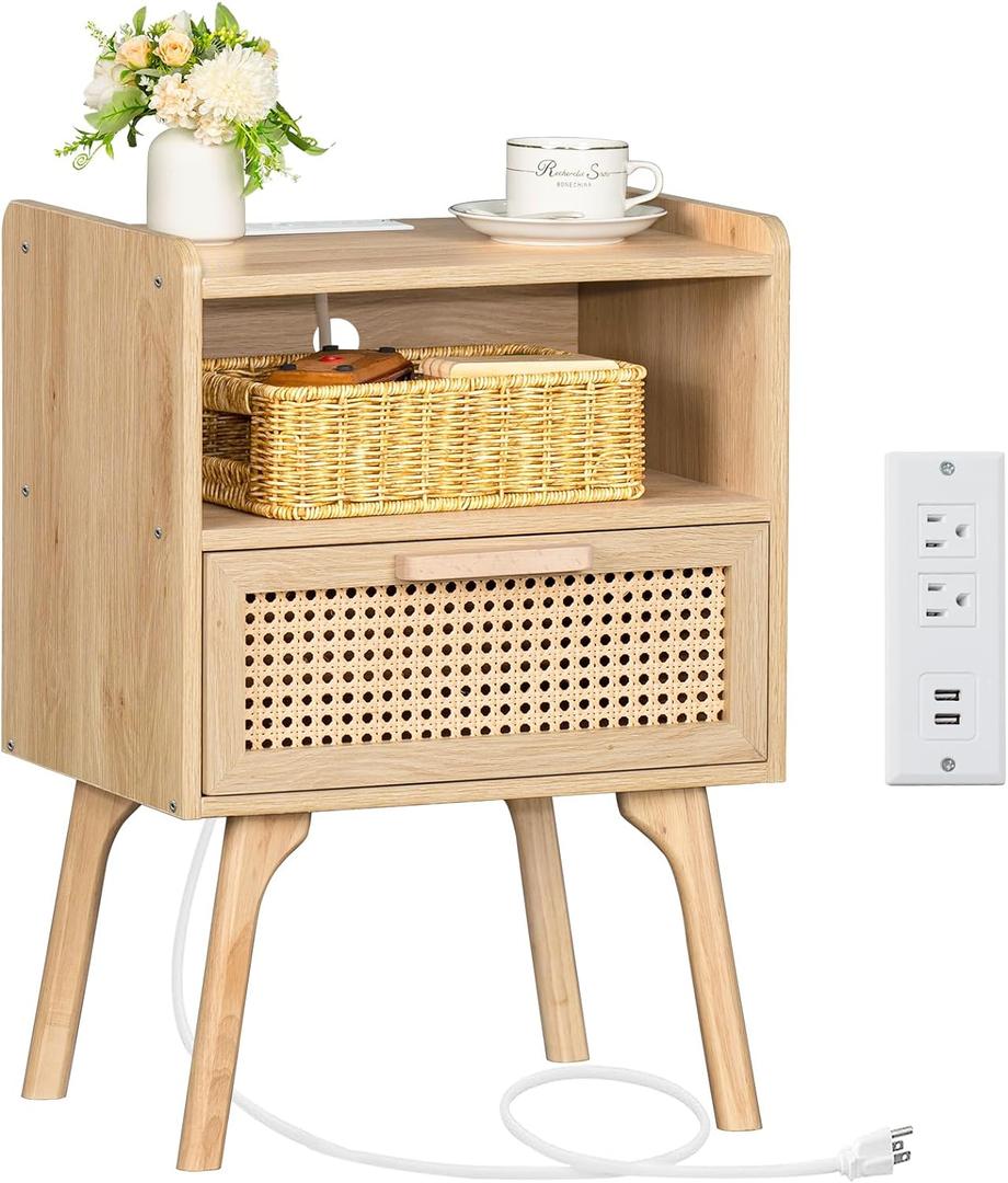 Lerliuo Rattan Nightstand with Charging Station, Boho Side Table with Drawer Open Shelf, Cane Accent Bedside End Table with Solid Wood Legs for Bedroom, Dorm and Small Spaces (1 pack, Natural)