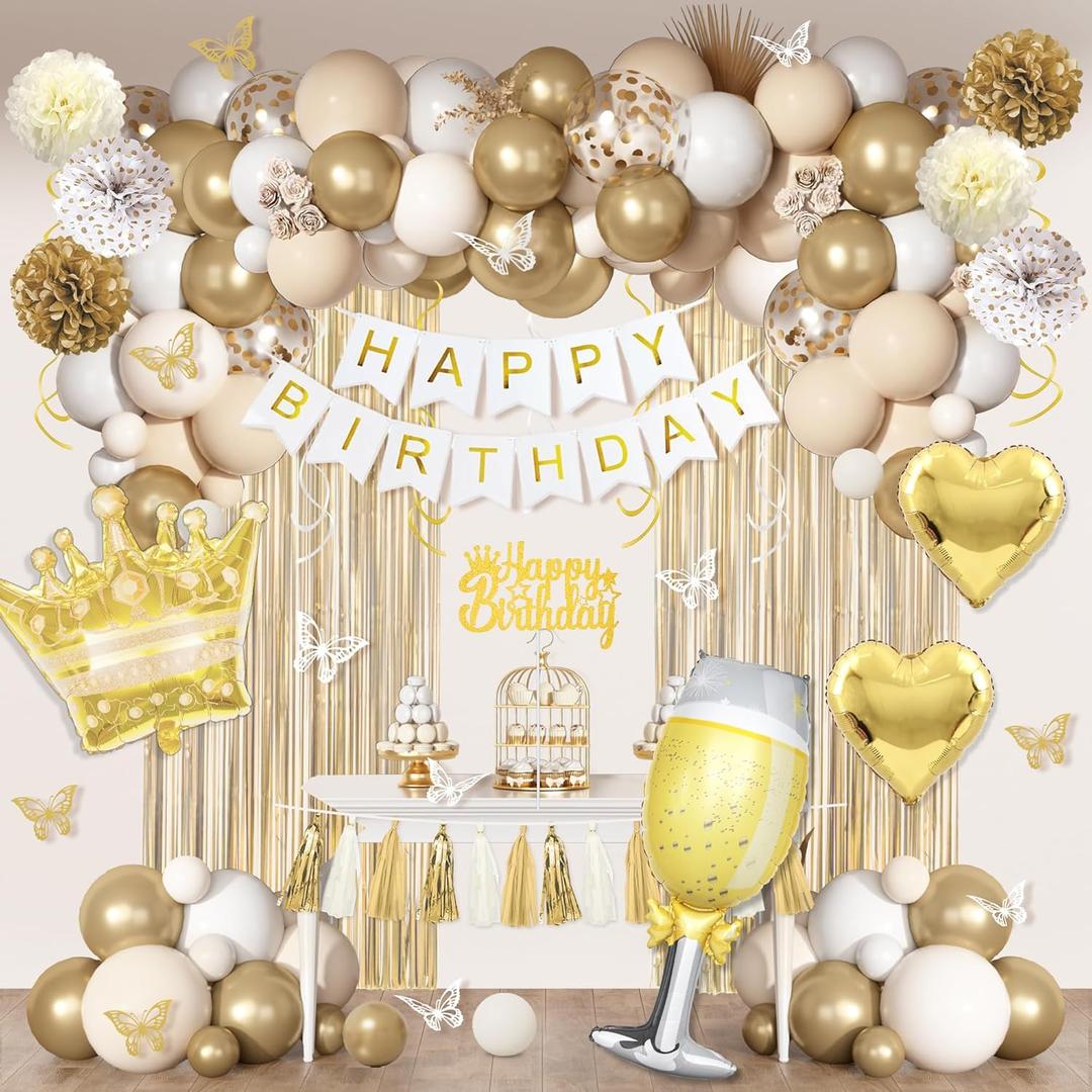 White and Golden Birthday Party Decorations Happy Birthday Banner Fringe Curtains Butterfly Gold White Sand Confetti Foil Balloons Happy Birthday