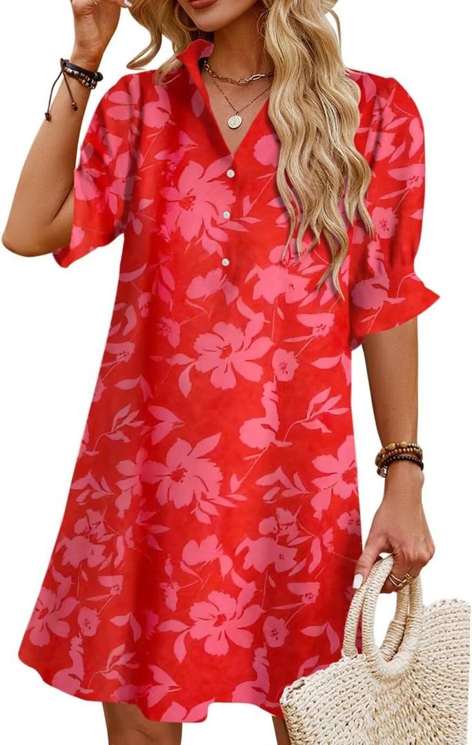 Womens Summer Shirt Mini Beach Dresses | Flowy Shift Dress, Button V Neck, Polo Collar, Ruffle Short Sleeve, Floral Boho Style, Casual Vacation Outfits with Pockets (Red, S)