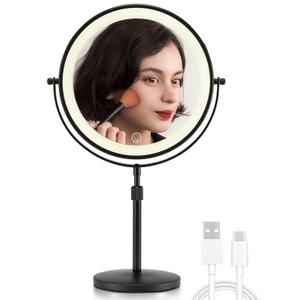 OMIRO 1X/10X Makeup Mirror with Lights,8.5 Inches Double Sided Vanity Mirror with Height-Adjustable Stand,Magnifying Mirror with 3 Color Light (Black)