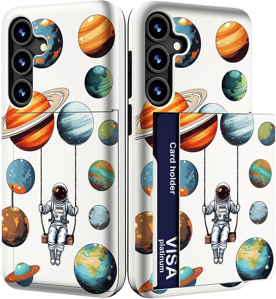 Compatible with Samsung Galaxy S24 Plus & S25 Plus Case Cute with Card Holder/Shockproof Slim Slot Wallet Phone Cover for Women for S24+ & S25+ / Astronaut Space Planets Spaceman Cosmo Galaxy