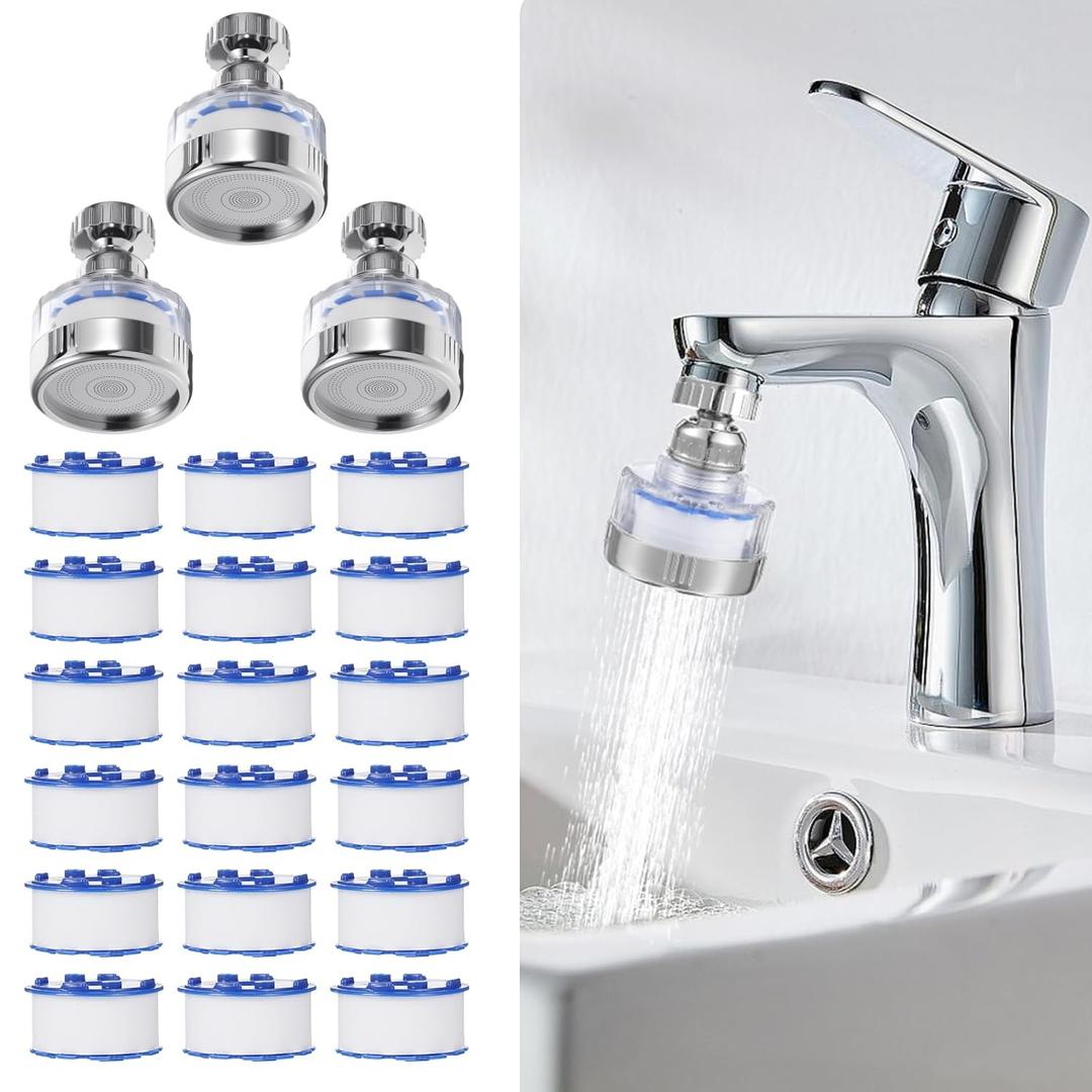 3 Pcs Sink Water Filter Faucet and 18 Filters Elements Set 360 Rotating Bathroom Sink Faucet Filter Removes Chlorine Fluoride Hard Water for Home Kitchen & Bathroom