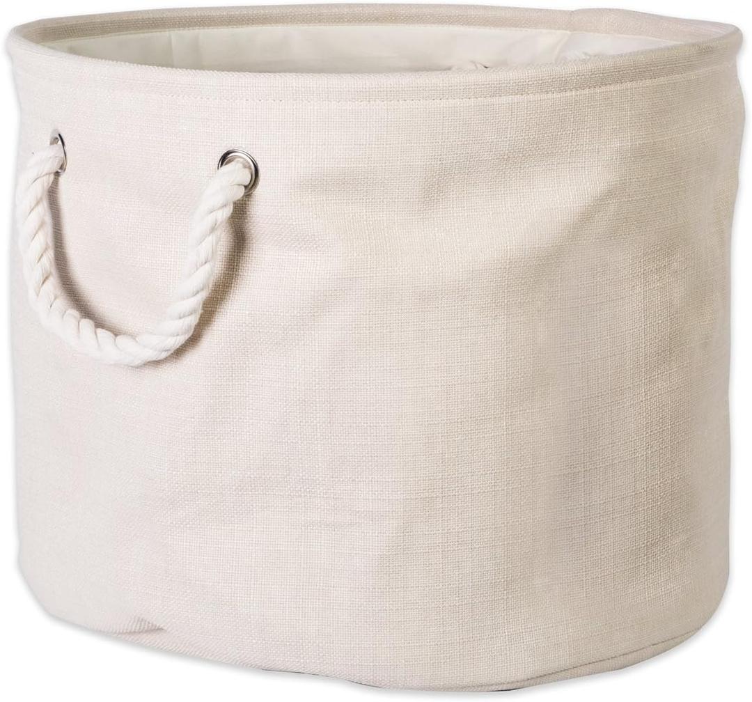 DII, Collapsible Variegated Polyester Storage Bin with Cotton Handles Large Round Cream