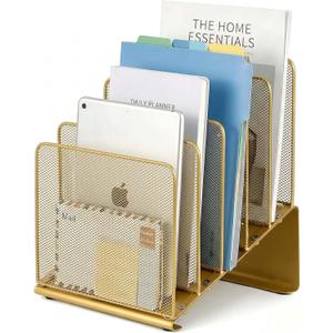 LEKETREE File Organizer for Desk, File Folder Organizer with 5-Section Vertical Rack, Suitable for Home Office Document Organization and Storage(Gold)