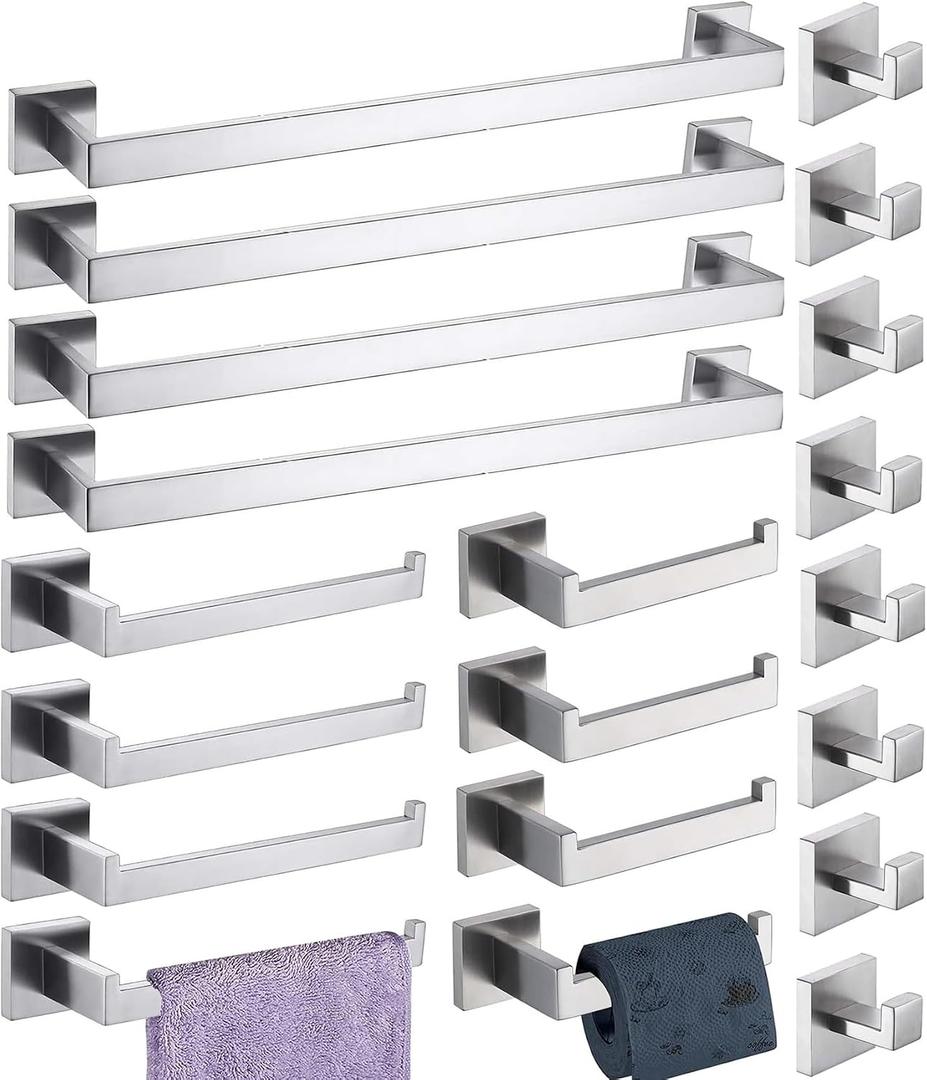 Bathroom Hardware Set 20 Piece Brush Nickel Bathroom Accessories Set SUS304 Towel Bar Set Includes 4 Towel Bar 24 Inch+4 Towel Holder+4 Toilet Paper Holder+8 Towel Hooks (20, Brushed Nickel, 24 Inch)