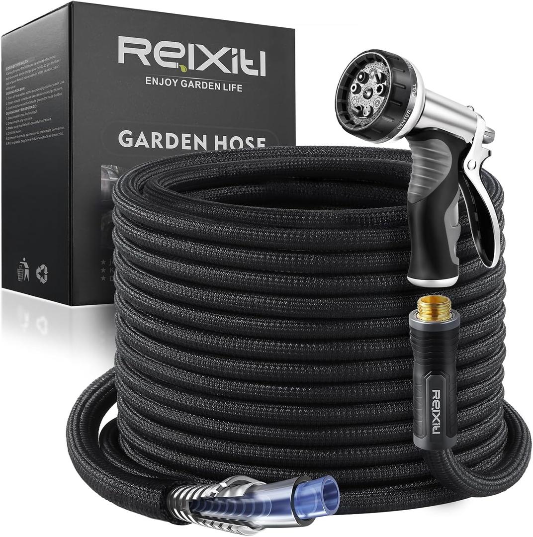 Relxitl Garden Hose, Flexible Water Hose, Ultra Lightweight Non-Expanding hose with 10 Function Sprayer, Leak proof, Pressure Resistant for Yard, Outdoor (Black, 100FT)