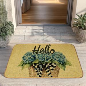 Hydrangea Hello Flower Welcome Door Mat, Non-Slip Front Doormat for Indoor, Low Profile Entrance Rug 30x17 Inch, Summer Home Gift