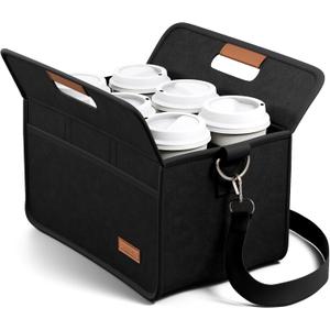 Fluxynara 6-Cup Felt Drink Carrier Bag with Handle & Shoulder Strap | Reusable Drink Carrier with Adjustable Shoulder Strap, Ideal for Car Travel, Delivery and Picnics, Black