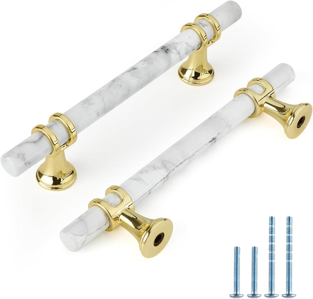 Rergy Cabinet Handles Marble Drawer Pulls and Knobs, 10Pack White Marble & Gold 3-3/4inch Hole Center, T-Bar Hardware for Kitchen Dresser Zinc Alloy Furniture
