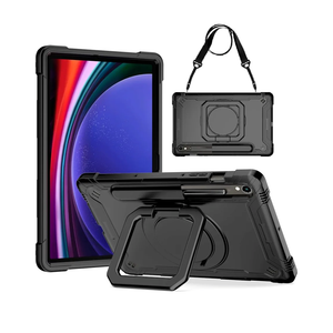 Case for Samsung Galaxy Tab S10 FE/S9 FE 5G (10.9 inch), Rugged Armor Heavy Duty Hybrid Cover with Adjustable Stand and Handle (Black/Black)