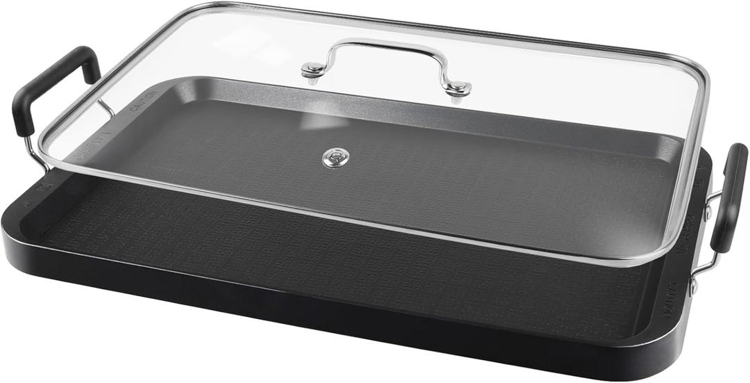 Vayepro 2 Burner Griddle Pan with Glass Lid, Stove Top Flat for Glass Stove Top, Aluminum Pancake, Non-Stick for Gas Grill, Double Burner Camping, Black (16.9" x 10.2" x 1")