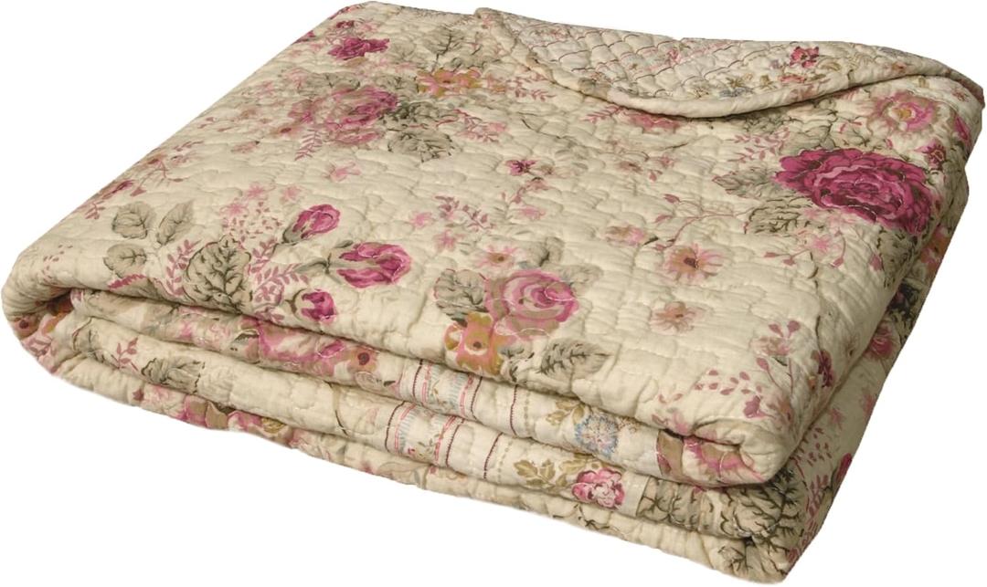 Greenland Home Antique Rose - Classic Traditional Floral - 100% Cotton Quilted Throw Blanket, 50 x 60 inches, Ecru