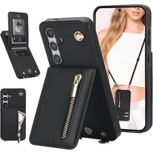 for Samsung Galaxy S24 Case with Card Holder, [Kickstand Function] PU Leather Zipper Crossbody Wallet Case with Lanyard Strap for Galaxy S24, Black