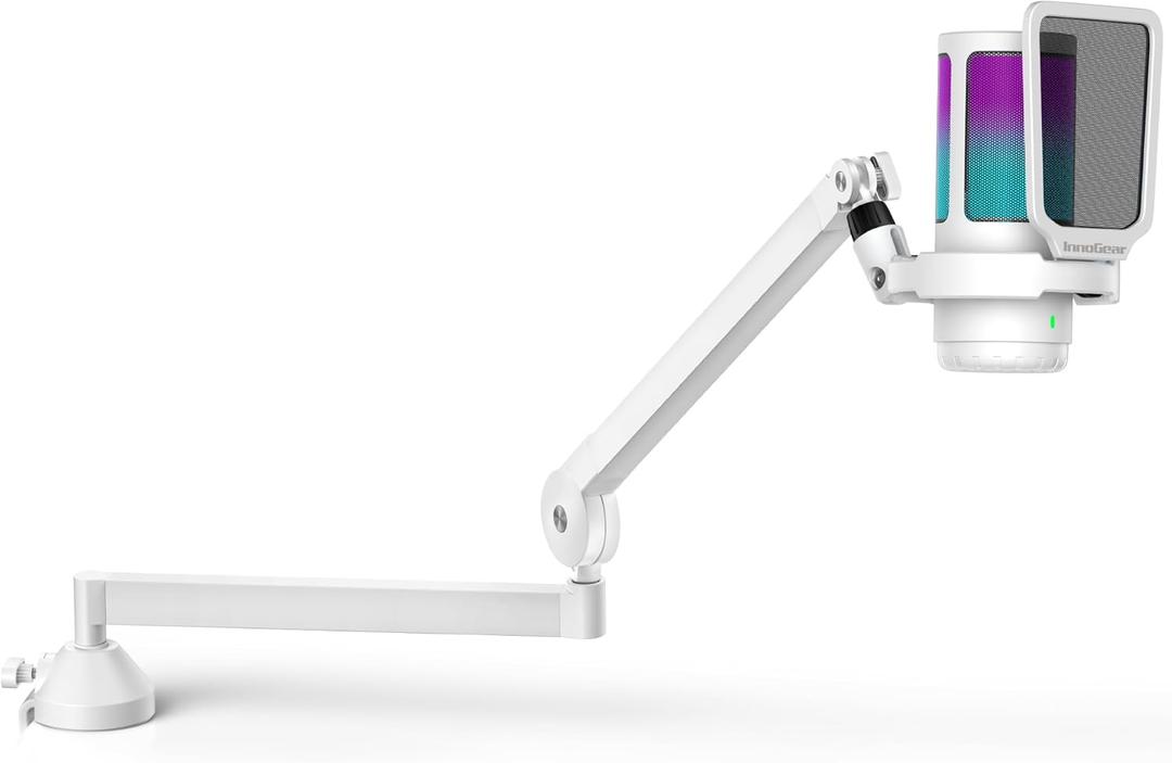 InnoGear USB Gaming Microphone Set, Noise Cancellation Condenser Mic with Boom Arm RGB Mute Headphones Jack for Streaming Podcasting Recording Vocal PC Computer YouTube Discord PS4 PS5, White