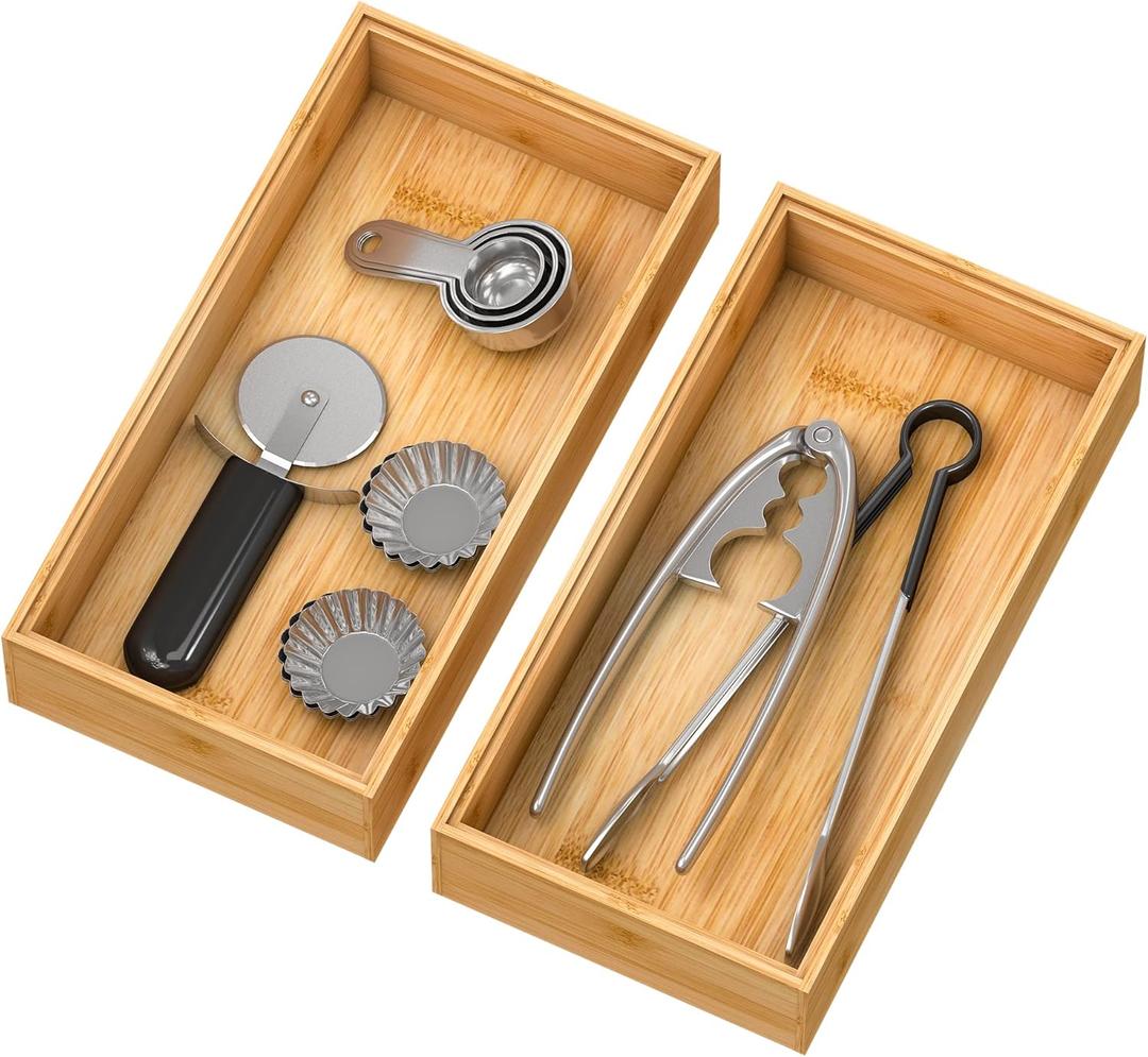 Bamboo Kitchen Drawer Organizer,Stackable Silverware Tray Utensil Organizer Cutlery Holder for Kitchen,Wooden Storage Box for Bathroom, Multi-Use Drawer Organizer for Office,Makeup(12x6x2.5 inch