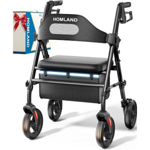 HOMLAND Foldable Rollator Walker for Seniors with Seat, 16" Extra-Wide Seat 8" All-Terrain Wheels, 1.6" Thick Padded Seat, Dual Adjustable Heights, Tool-Free Assembly, Pinch-Proof Design Rolling Walker, Black