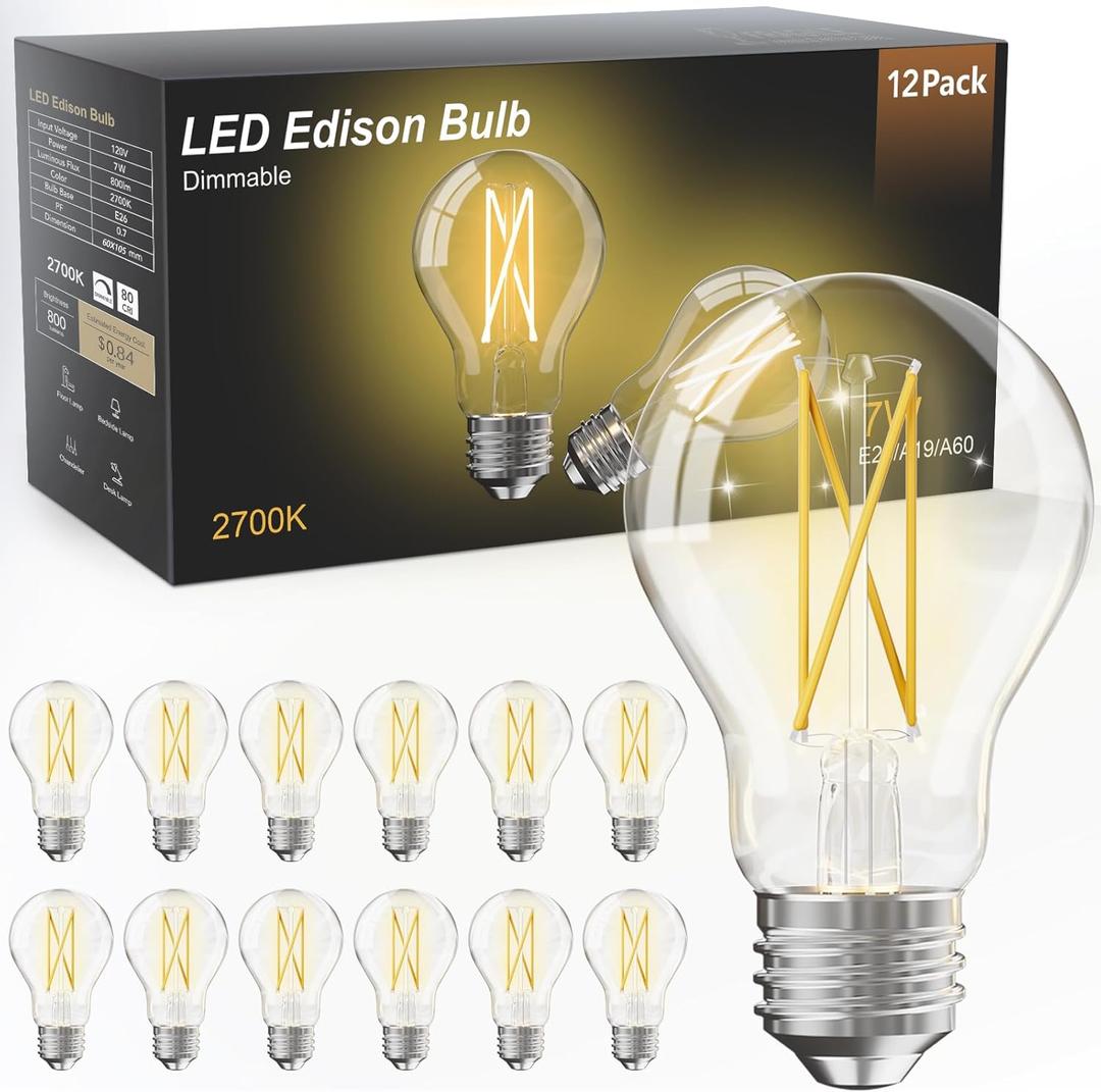 TJOY 12 Pack A19 Vintage LED Edison Bulbs, Dimmable, 60W Equivalent, High Brightness 2700K Warm White, 7W E26 Standard Base, 800 Lumens, CRI80+, Clear Glass Filament Bulb for Home, Farmhouse