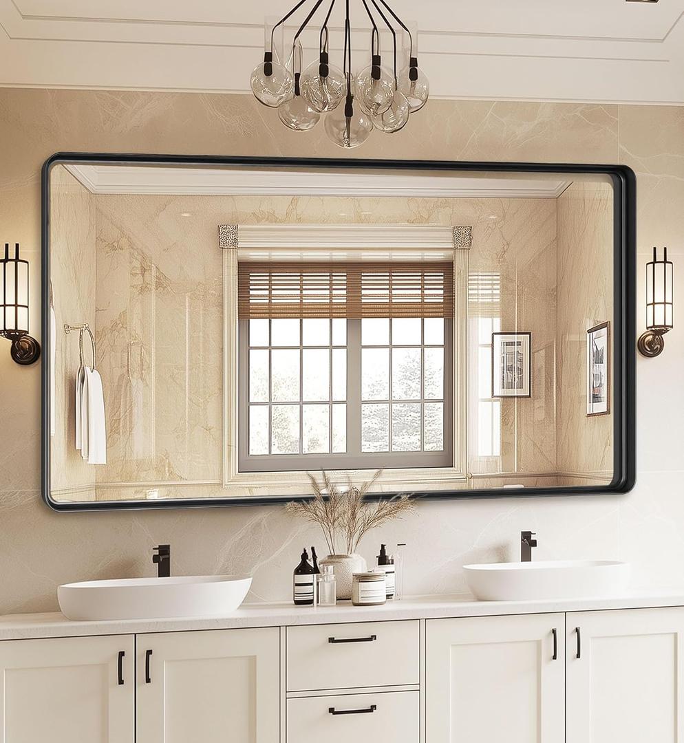 Black Bathroom Mirror 55x30 Inch, Rounded Corner Rectangle Mirror with Metal Deep Frame, Wall Mirrors for Over Sink, Vanity, Bedroom, Bathroom, Hangs Horizontally or Vertically