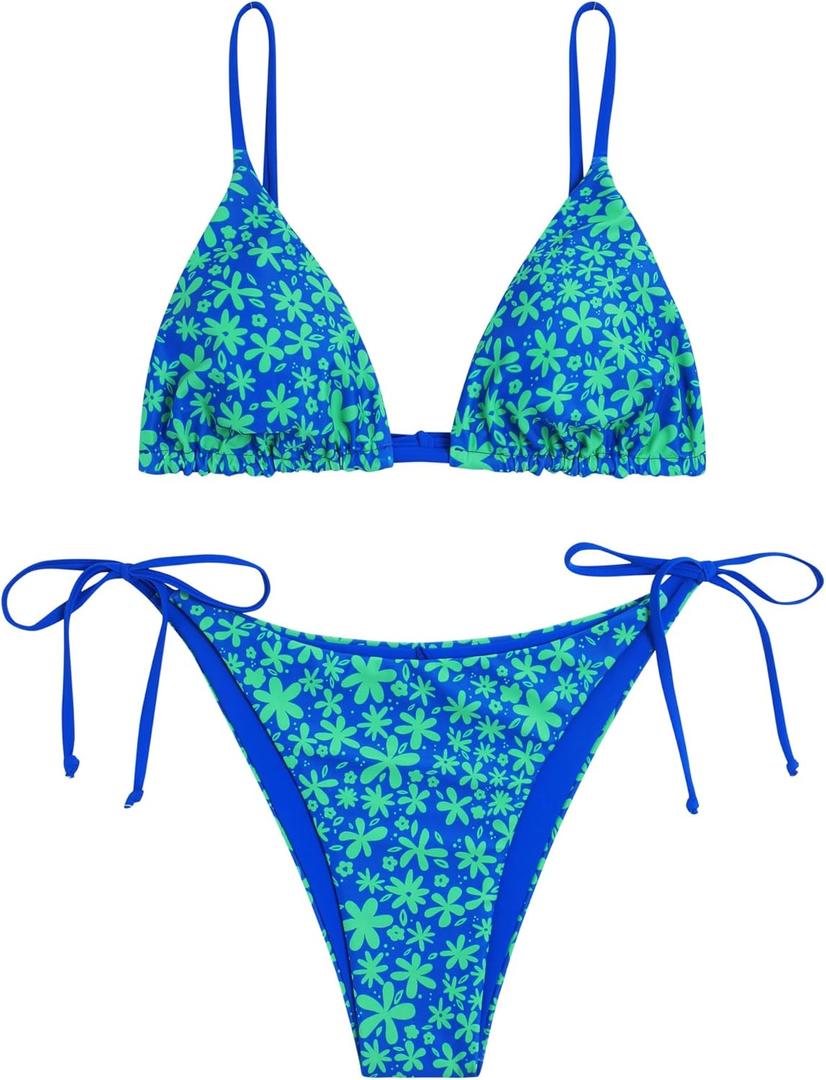 ZAFUL Women's Triangle Bikini Floral String Bikini Set Two Piece Swimsuit Bathing Suits (Blue), Medium