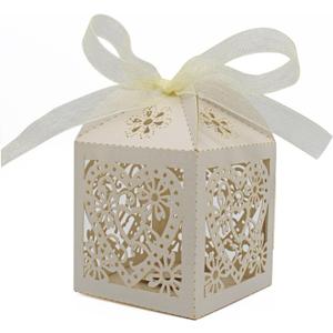 KPOSIYA 100 Pack Love Heart Laser Cut Wedding Party Favor Box Candy Bag Chocolate Gift Boxes Bridal Birthday Shower Bomboniere with Ribbons