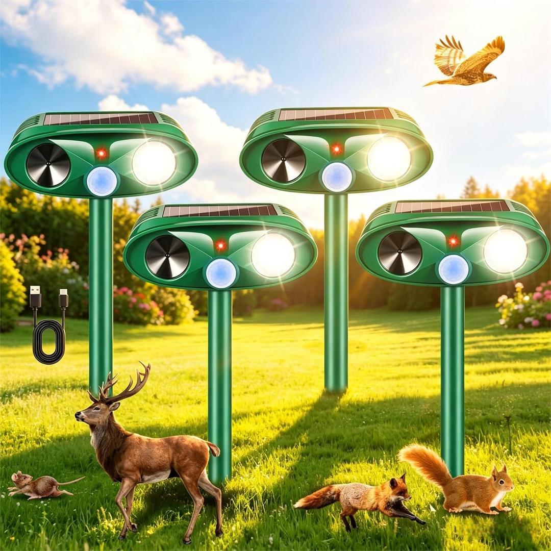 2026 Solar Ultrasonic Animal Repeller Outdoor, Deer Repellent Devices Waterproof with Flashing Light & USB Charging, Motion Activated Deterrent for Stray Cats, Dogs, Squirrels, Rabbits, Racoons for Garden, 4Pcs