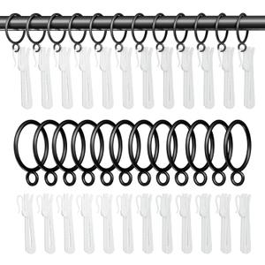 1.25 Inch Curtain Rings with Hooks, 24 Pack Black Metal Drapery Rings with Pins Fits Up to 1 Inch Curtain Rods