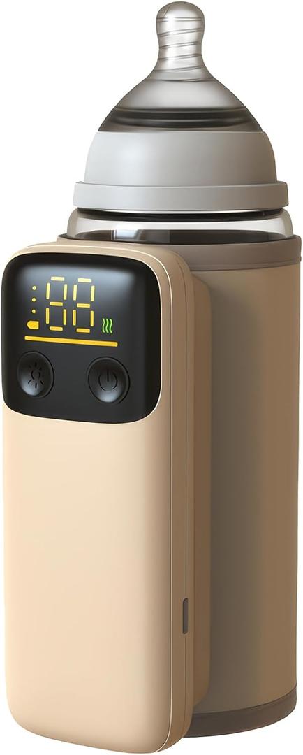 AGWIM Portable Baby Bottle Warmer for Breastmilk or Formula - Fast Heating, Leak-Proof, 18W Fast Charging, Nightlight, Temperature Display, Can Use While Charging, 6000mAh, Gold