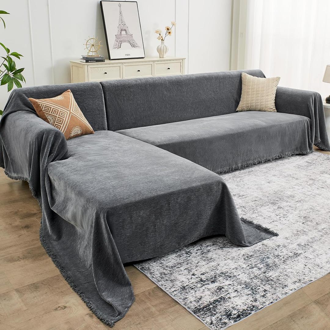 Sectional Couch Covers, 2 Pieces Chenille Sofa Cover L Shaped Couch Cover Blanket for Dogs Washable Sofa Slipcovers Pet Furniture Protector (XX-Large: 71" x 118" + 71" x 118", Dark Gray)