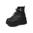 Women Black Platform Boots Wedge Goth Round Toe Lace Up Chunky Heel Studded Combat Zip Buckle Ankle Shoes, 43