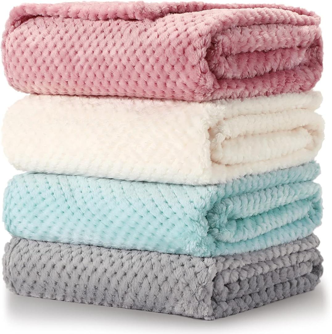 Reginary 4 Pack Fuzzy Blanket 30 x 40'' Waffle Flannel Baby Throw Blankets Warm Nursery & Crib Blankets for Girl & Boy Newborn Infant(Light Blue, Pink, Beige, Gray)
