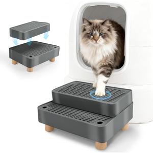 Elevated Cat Ramp for Litter Box, 2 Steps Cat Pedal Step Stool with Wooden Base, Detachable Double Layered Cats Litter Trapper, Suitable for Small&Elderly Cats, Non-Slip(Dark Grey)