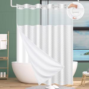 FADOTY No Hook Shower Curtain and Snap in Liner Set White Tufted Chevron Striped Cloth Waterproof Washable Fabric Boho Farmhouse Bath Curtain See Through Mesh Top Window for Bathroom Hotel 71" x 86"