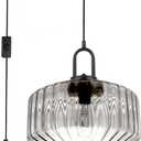 Plug in Hanging Pendant Light Bedroom Plug in Pendant Lamp Globe Hanging Lights with Plug in Cord Kitchen Mid Century Modern Ceiling Light fixtures Clear Striped Glass Swag Lights