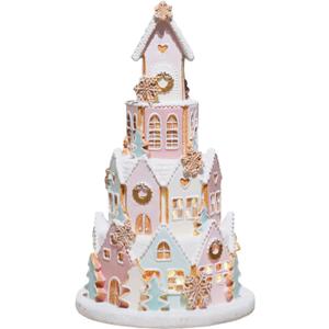 Braxio Indoor Christmas Decorations Resin Gingerbread House with LED Light - Traditional Cottage & Church Christmas Village Collectible Figurines, 5.0 x 5.0 x 8.25 Inch, Pink