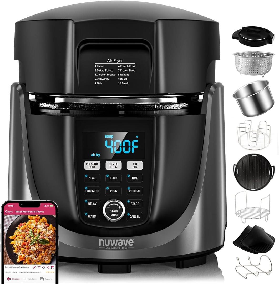 Nuwave Duet Air Fryer, Electric Pressure Cooker & Grill Combo, 540 IN 1 Multicooker with 3 Removable Lids, Slow Cook, Sauts, Dehydrator, 18/10 SS Pot, Sure-Lock Safety Tech & 13 Deluxe Accessories, 6QT