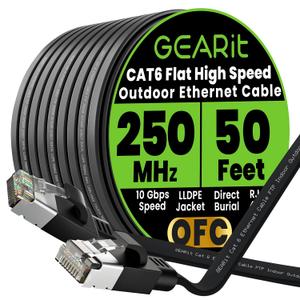 GEARit Cat 6 Outdoor Flat Ethernet Cable (50ft, Black) Direct Burial Rated LLDPE Jacket - Indoor Cat6 Shielded FTP 10Gbps High Speed Gaming Computer Network RJ45 Snagless Patch Cord Internet