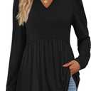 WIHOLL Womens Tops Long Sleeve Fall Shirts Babydoll Peplum Tops for Women V Neck Tunic Dressy Casual Blouses (X-Large, Black)